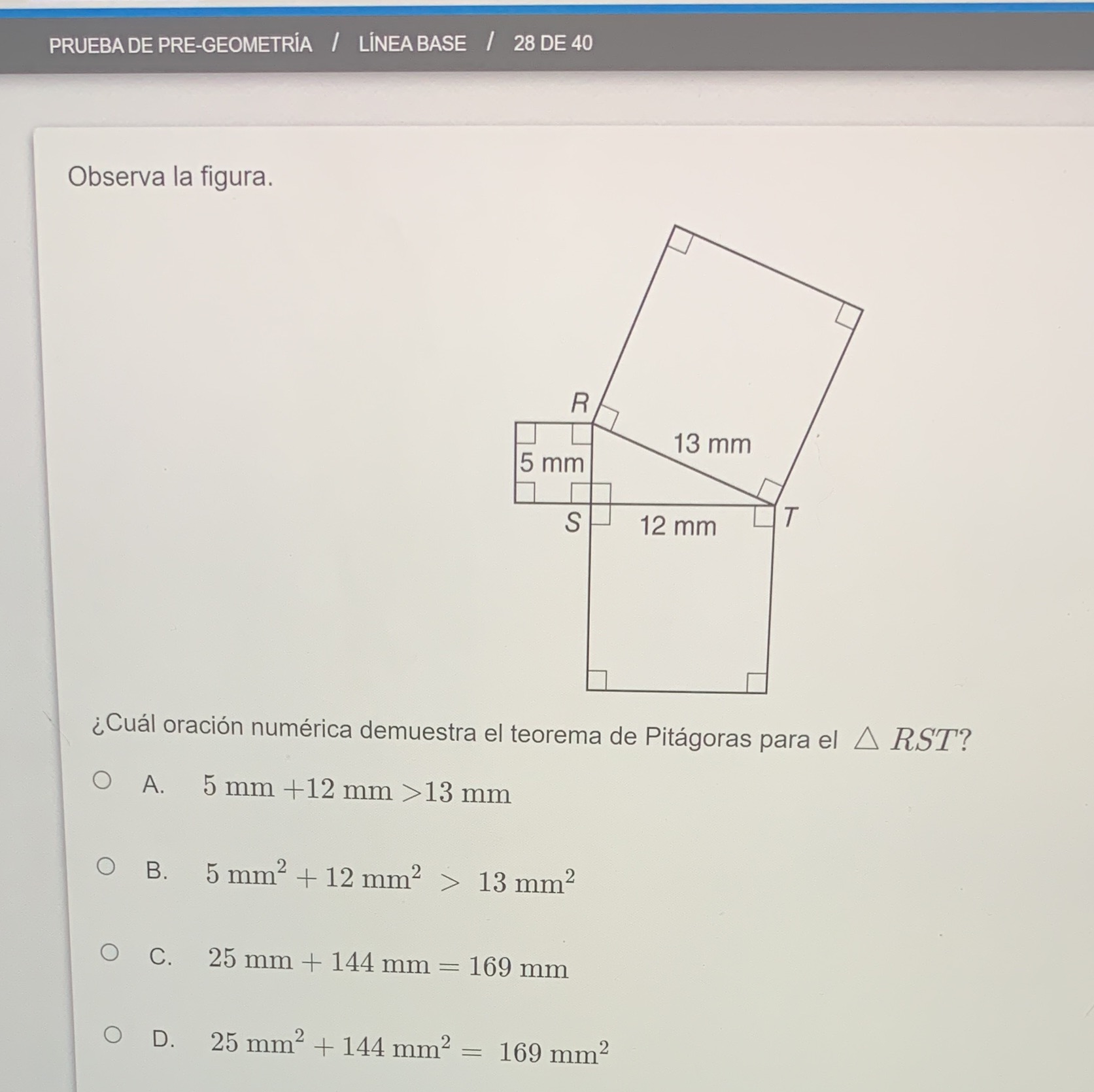 PRUEBA DE PRE-GEOMETRIA / LINEA BASE / 28 DE 40