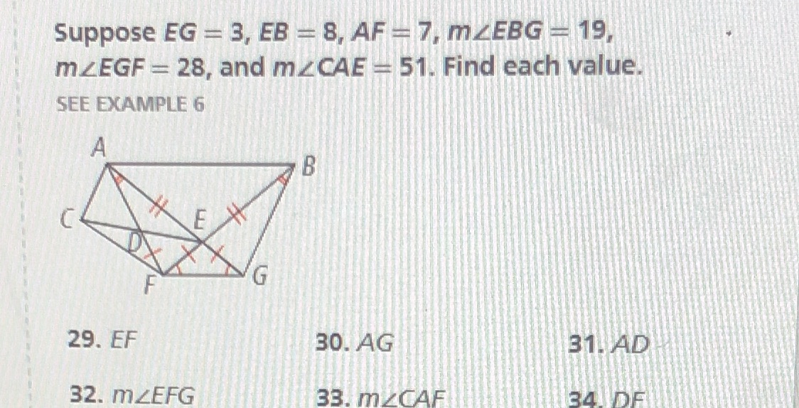 Suppose EG = 3, EB = 8, AF - 7, mZEBG = 19 m.ZEGF