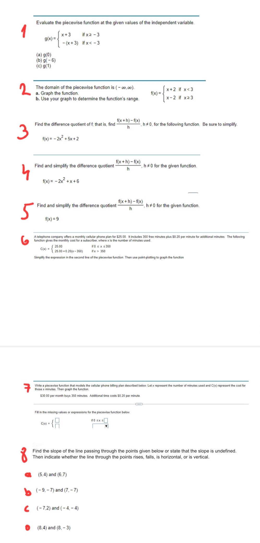 College Algebra Evaluate the piecewise function