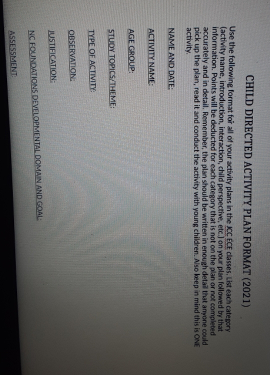 human body CHILD DIRECTED ACTIVITY PLAN FORMAT