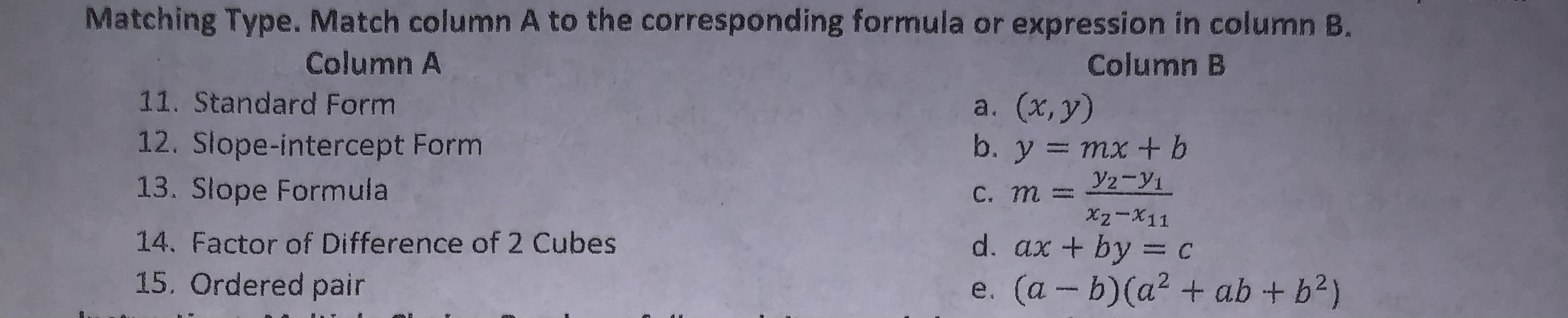 Matching Type. Match column A to the