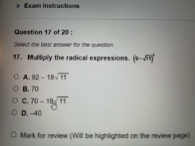 Exam Instructions Question 17 of 20 : Select the