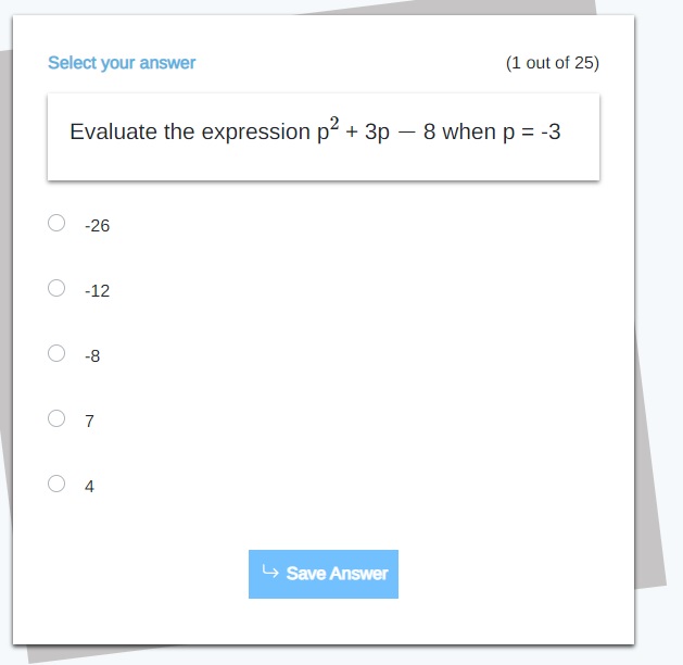 (1 out of 25) Select your answer Evaluate the