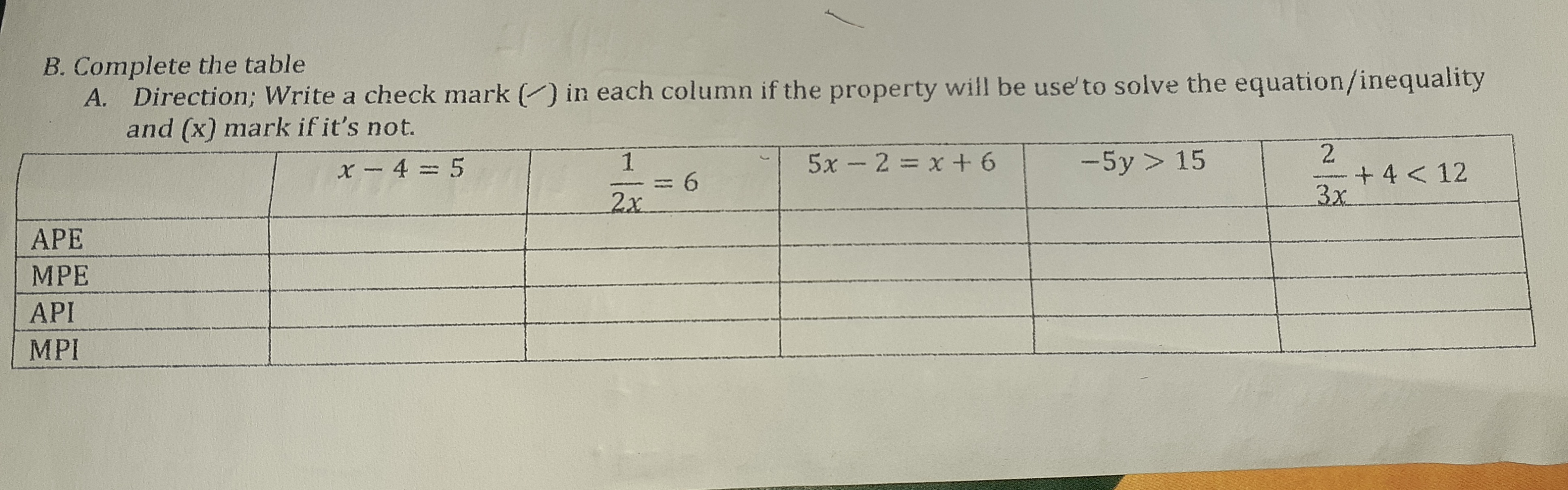 B. Complete the table A. Direction; Write a check