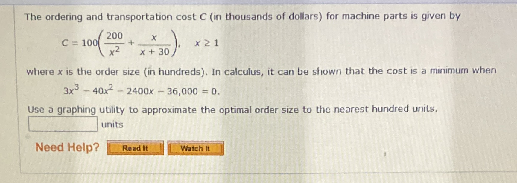 The ordering and transportation cost C (in