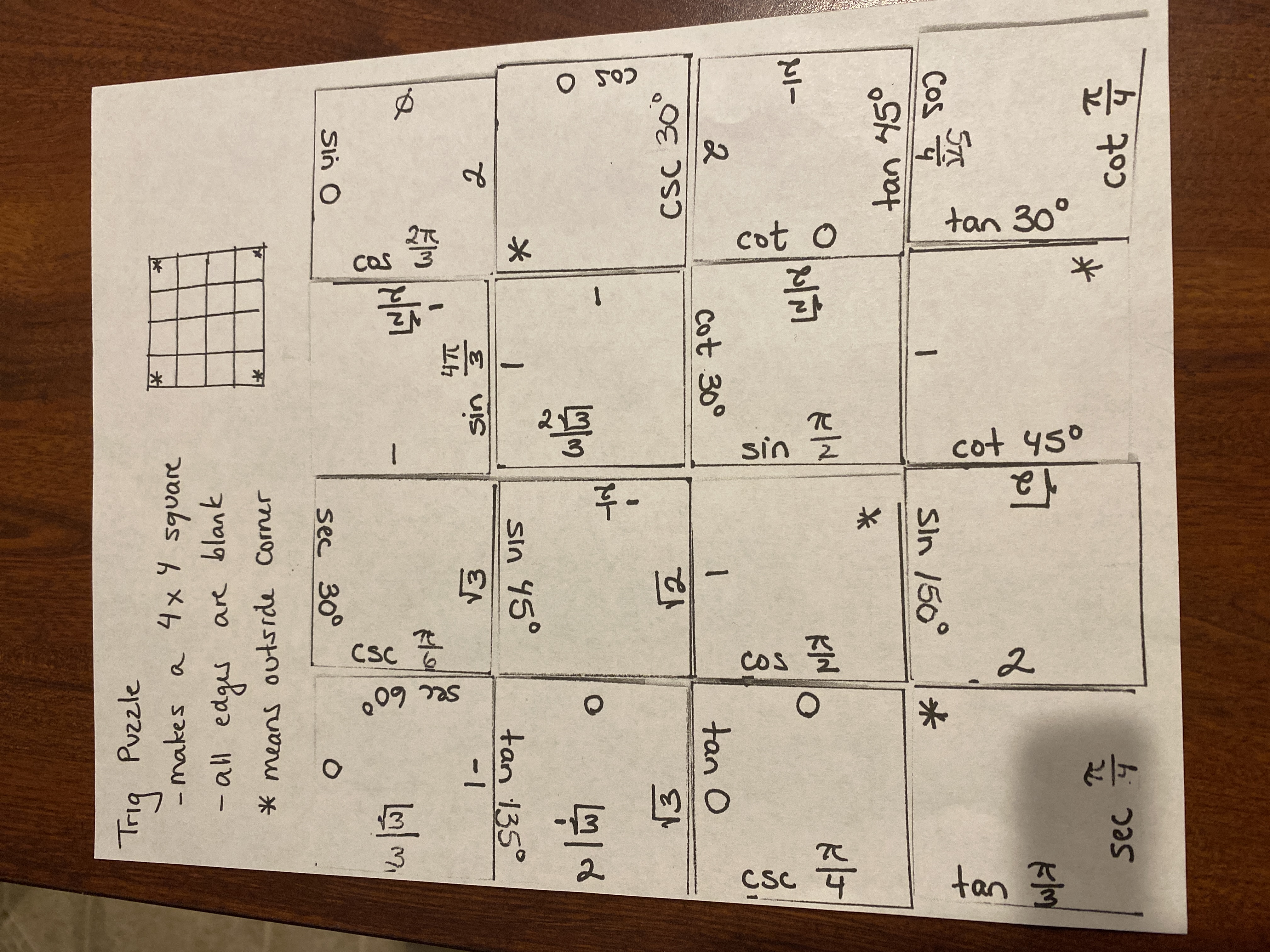 Trig Puzzle - makes a 4x 4 square - all edges are