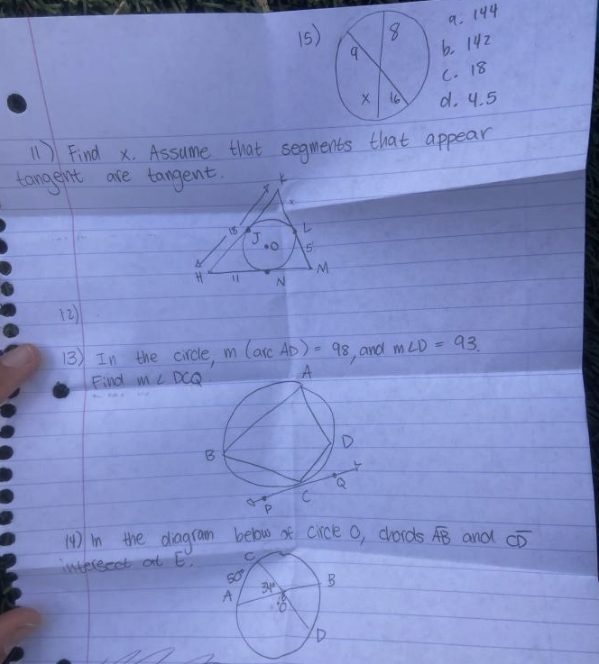 15) 19- 144 be 142 C . 18 X 16 d. 4.5 Find x.