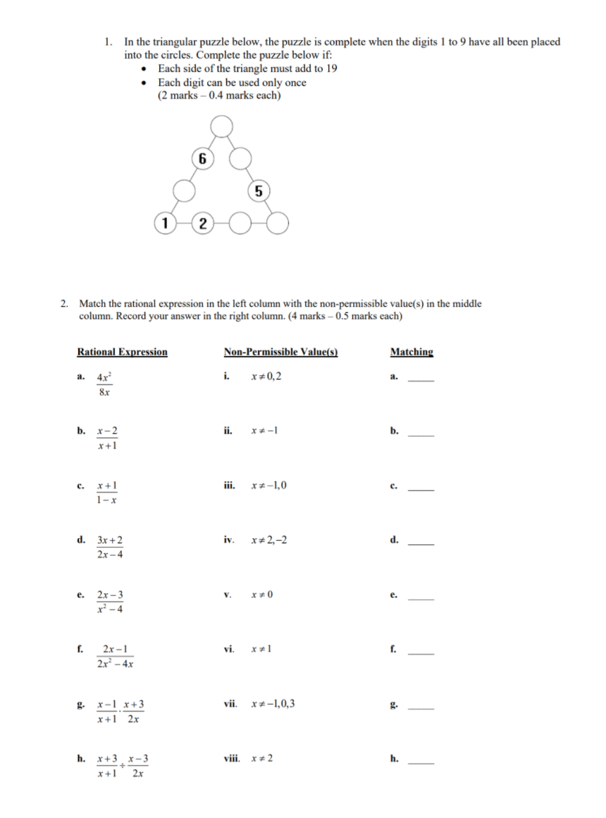 1. In the triangular puzzle below, the puzzle is