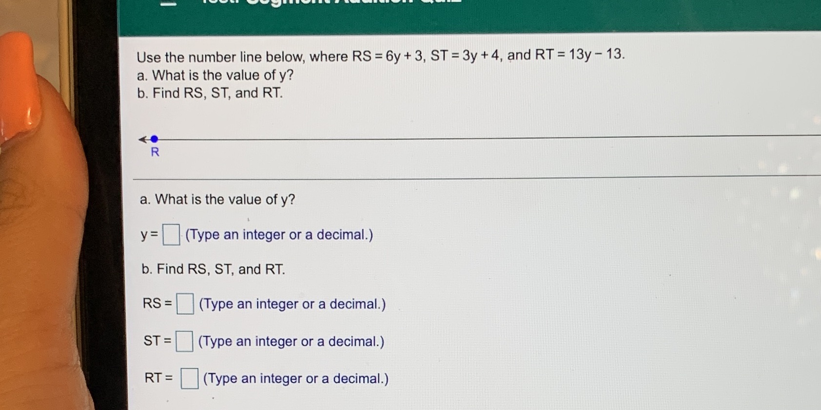 Use the number line below, where RS = 6y + 3, ST