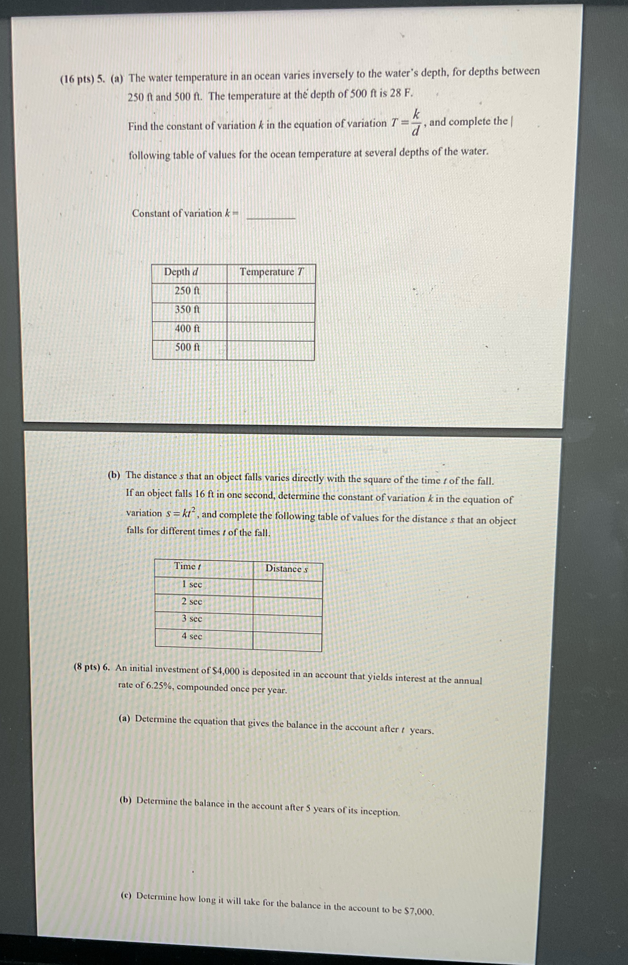 (16 pts) 5. (a) The water temperature in an ocean