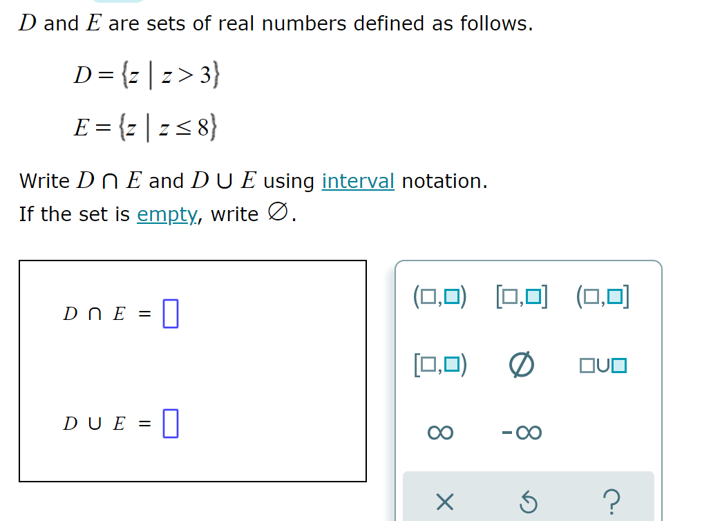 D and E are sets of real numbers defined as