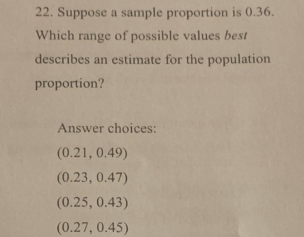 22. Suppose a sample proportion is 0.36. Which