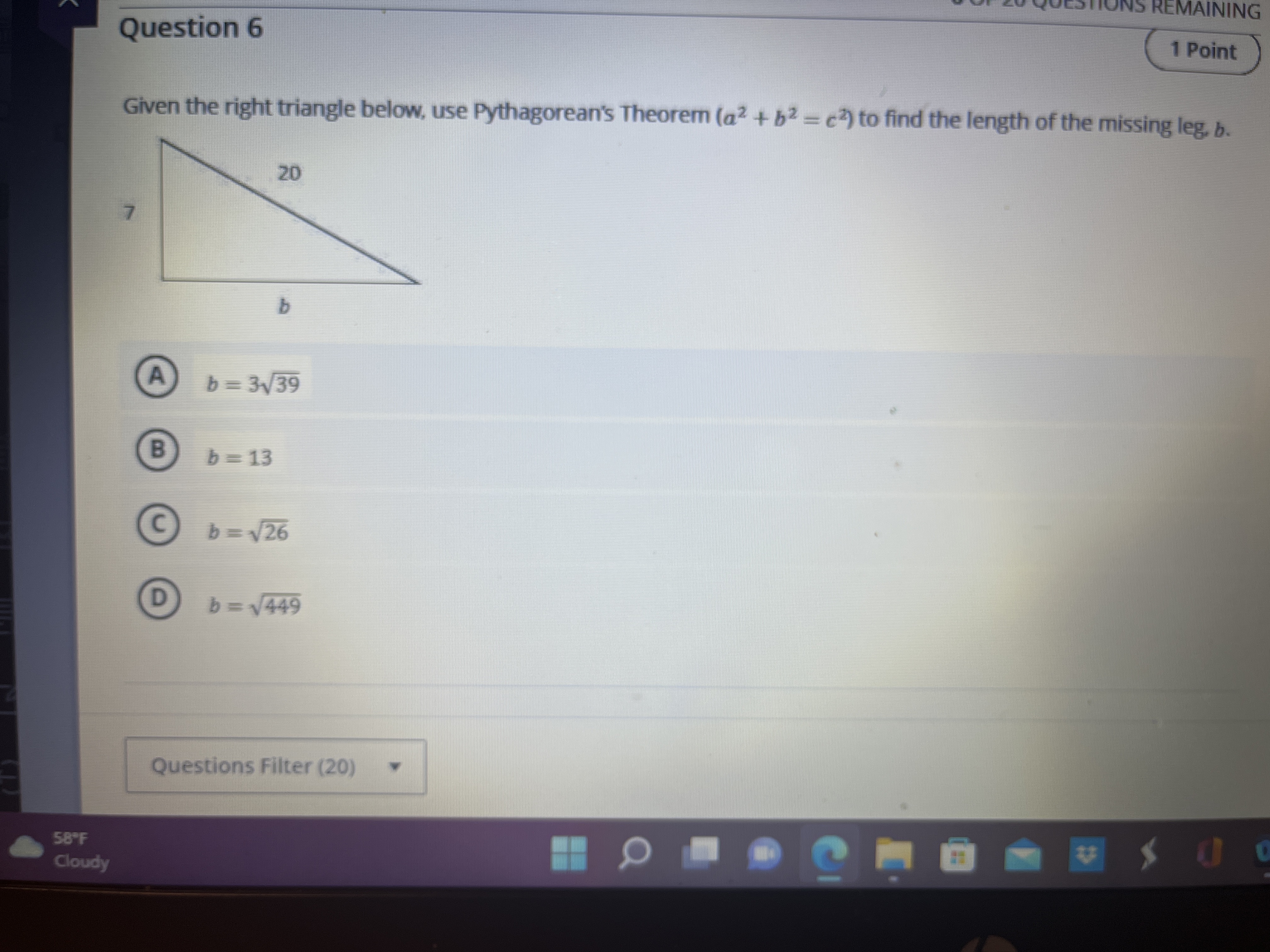 UNS REMAINING Question 6 1 Point Given the right