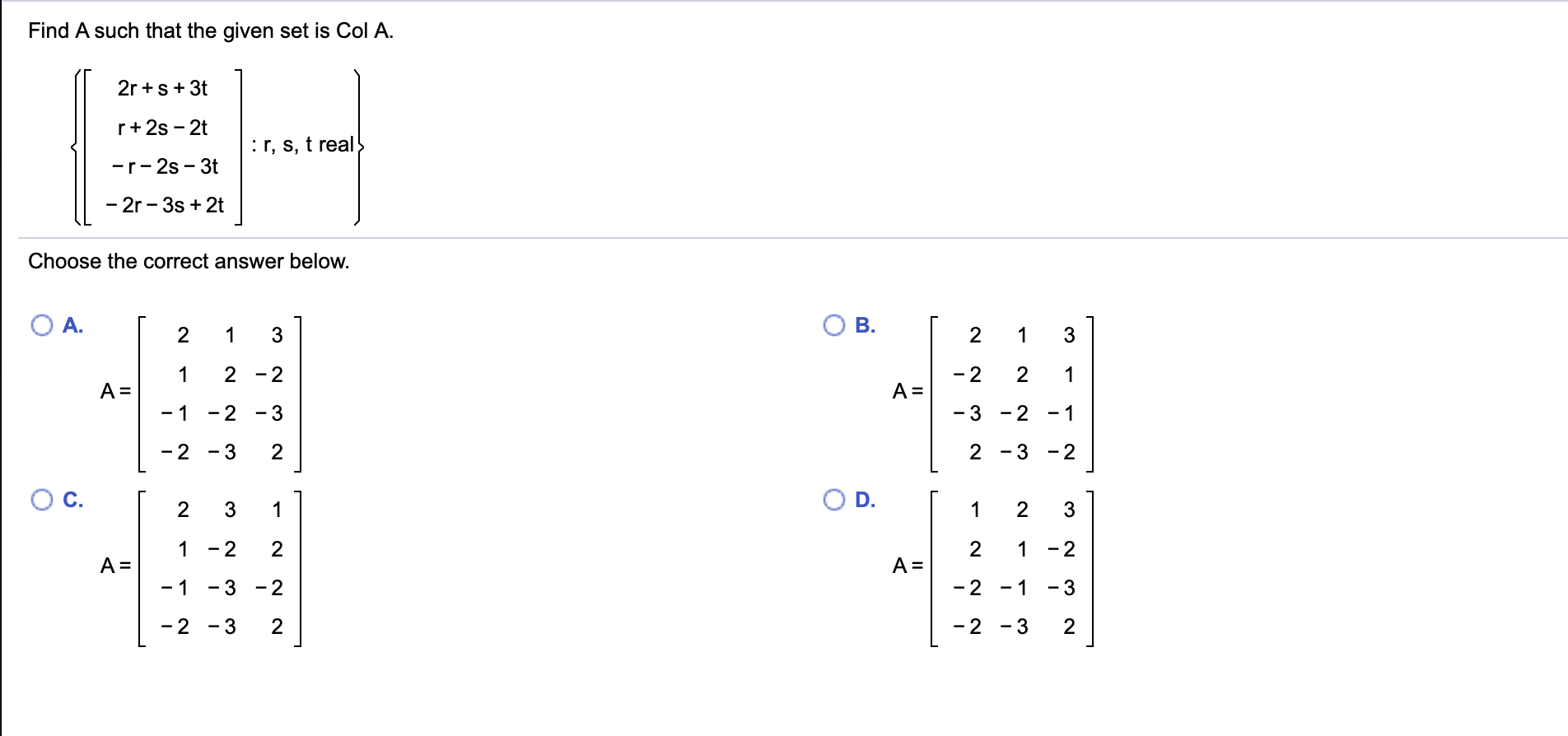 Find A such that the given set is Col A. 2r + s +