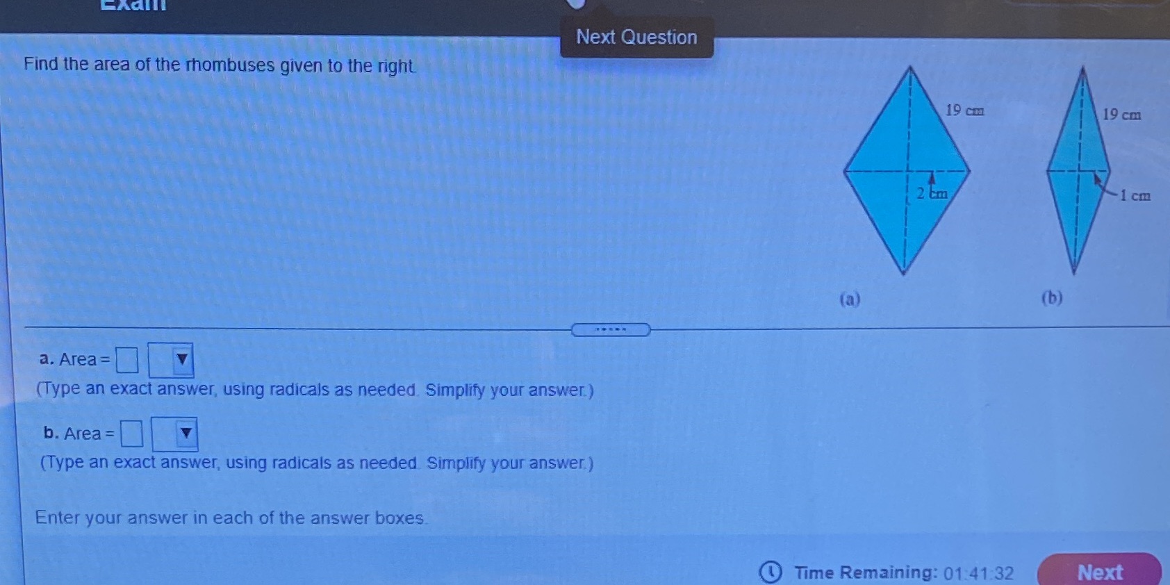 Next Question Find the area of the rhombuses