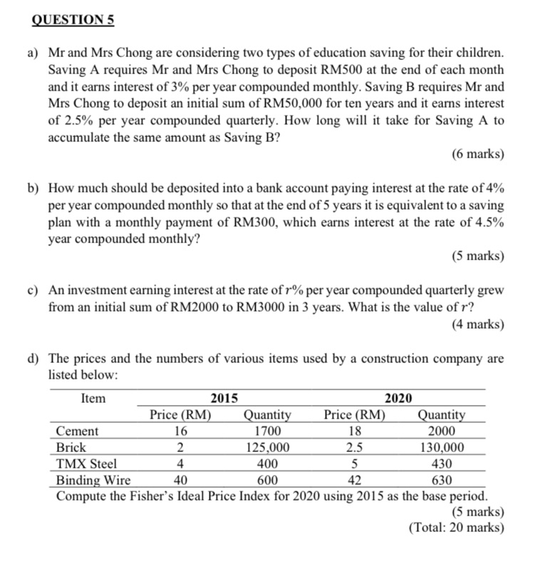 QUE'I'ION 5 a) b} d) Mr and Mrs Chang are