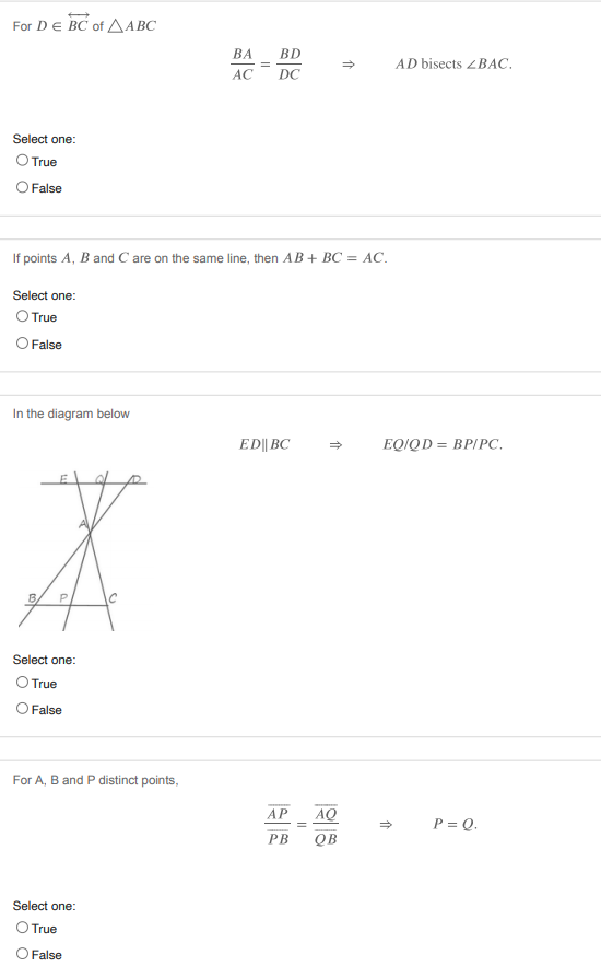 For each of the following state whether True or