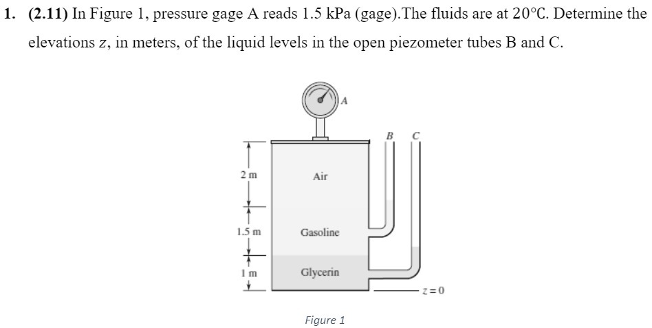 1. (2.11) In Figure 1, pressure gage A reads 1.5