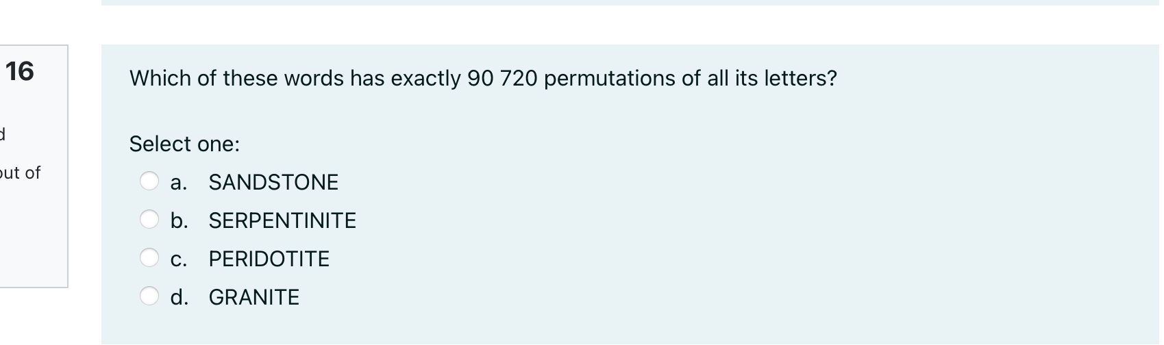 16 Which of these words has exactly 90 720