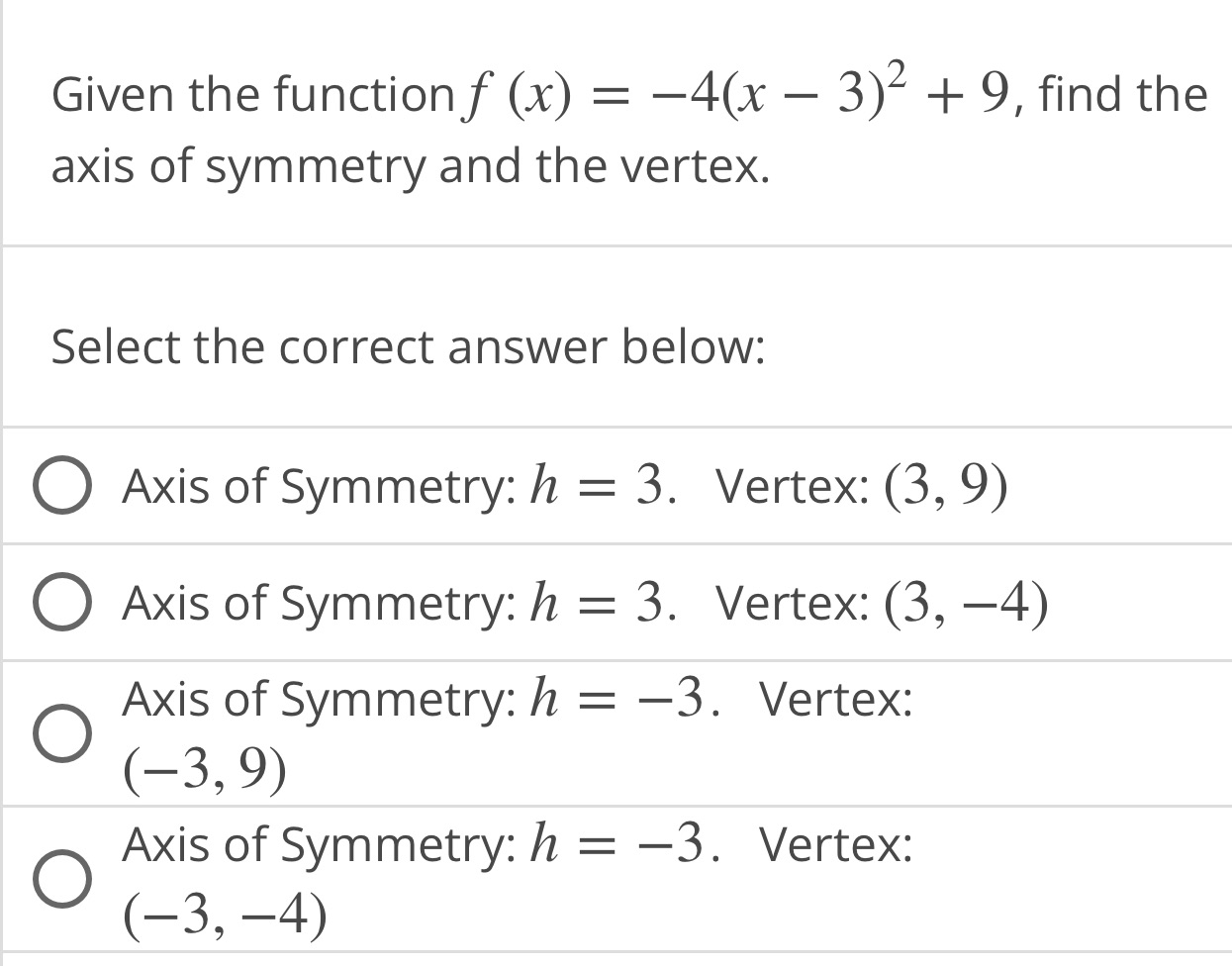 Given the function f (x) = -4(x - 3) + 9, find