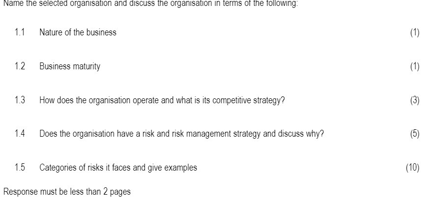 Name the selected organisation and discuss the