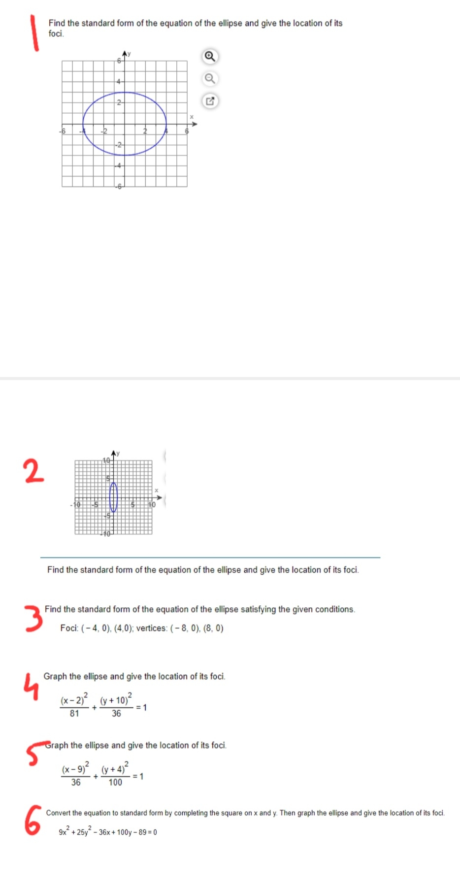 Ellipses and equations Find the standard form of