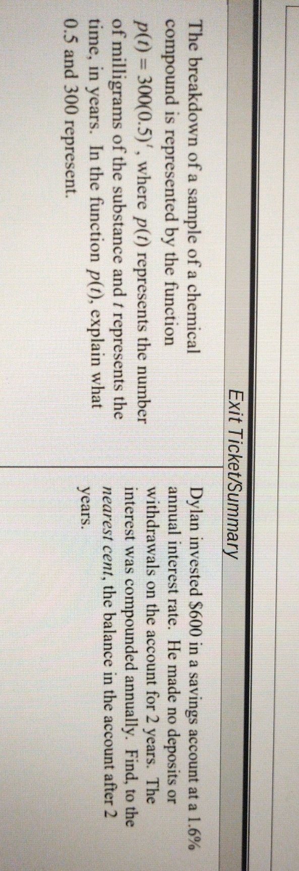 answer the question below Exit Ticket/Summary The