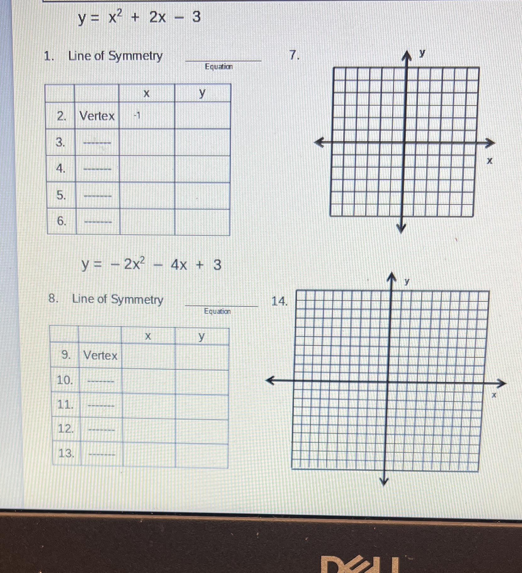 y = X' + 2x - 3 1. Line of Symmetry 7. y