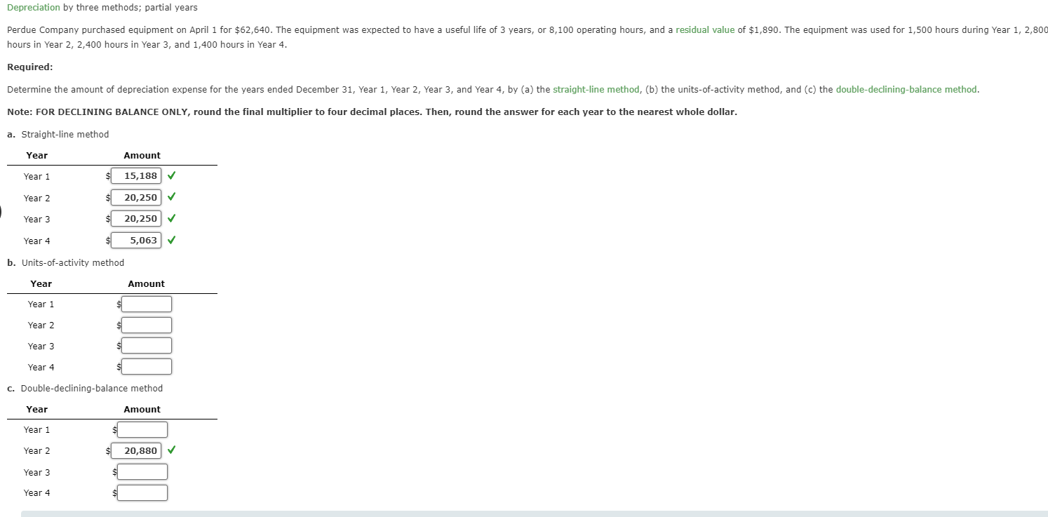 Depreciation by three methods; partial years