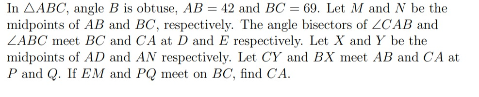 In AABC, angle B is obtuse, AB = 42 and BC = 69.