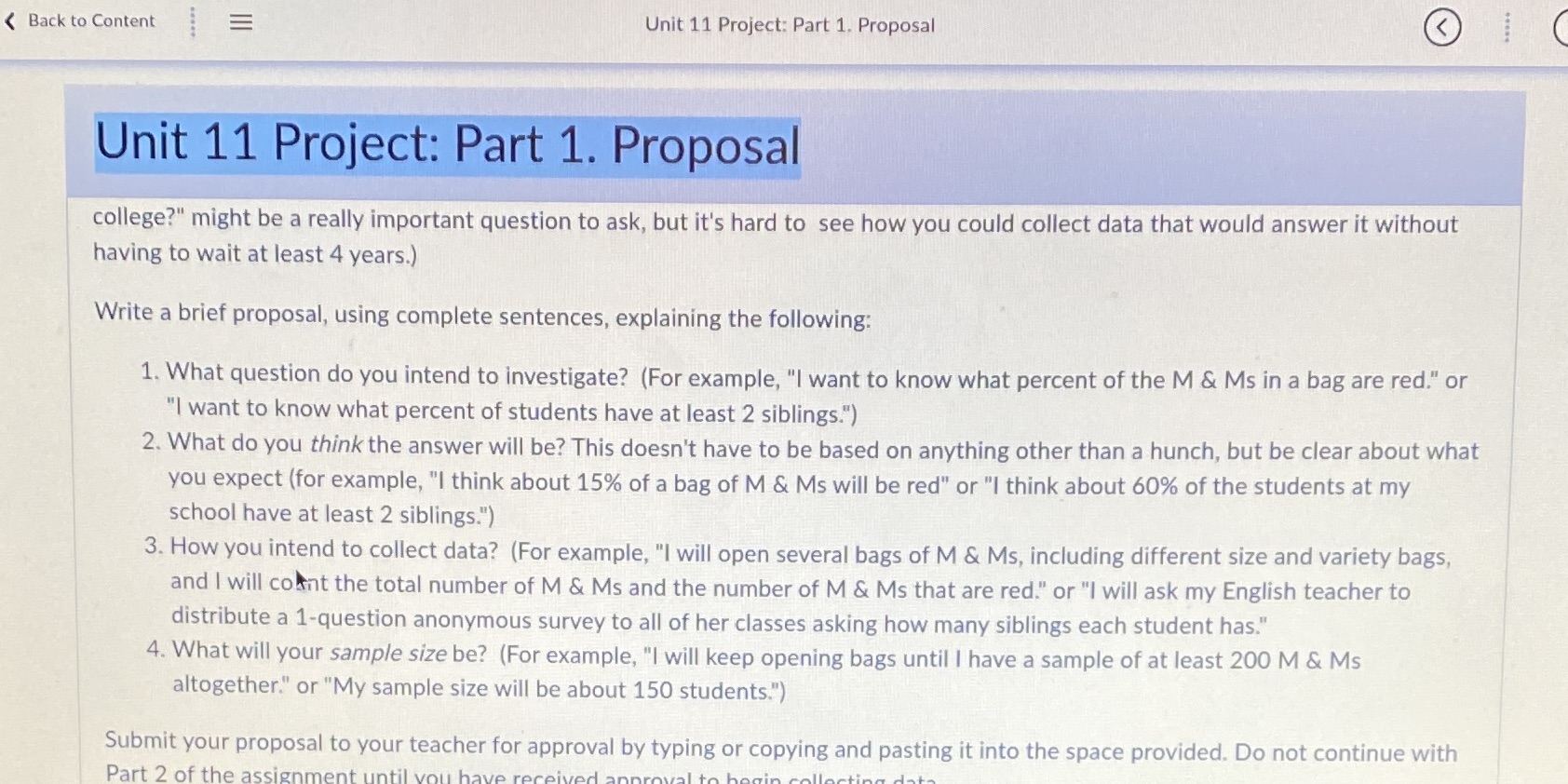 < Back to Content E Unit 11 Project: Part 1.