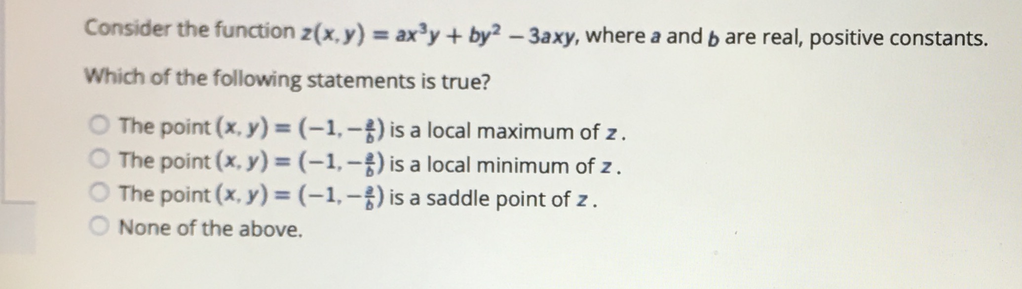 Consider the function z(x,y) = axBy + by2 - 3axy,