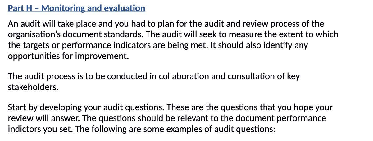 Part H Monitoring and evaluation An audit will