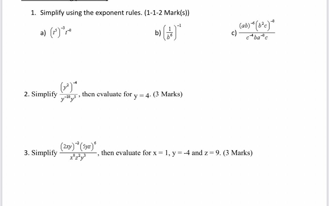 1. Simplify using the exponent rules. (1-1-2