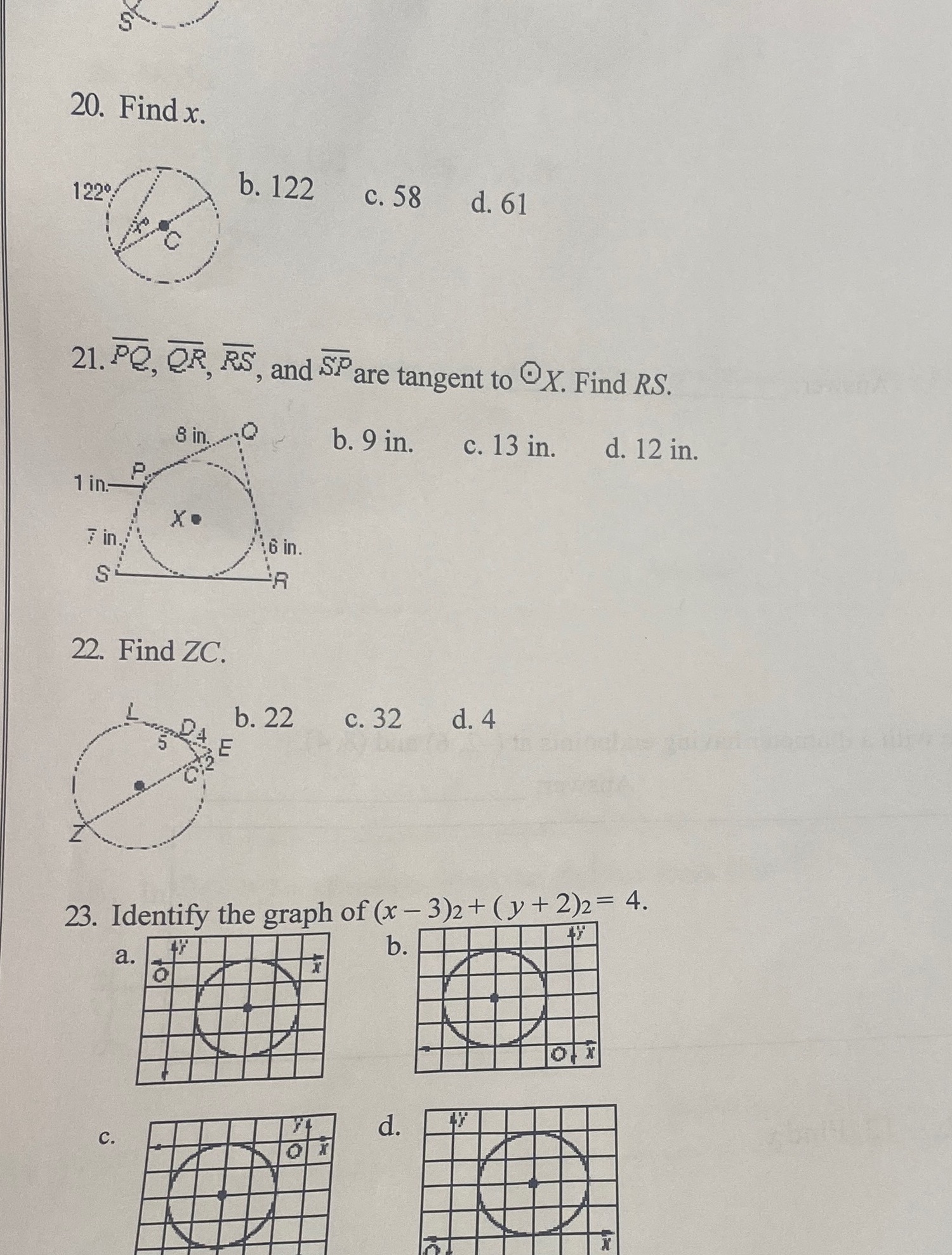 20. Find x. 1220 b. 122 c. 58 d. 61 21. PC, OR,