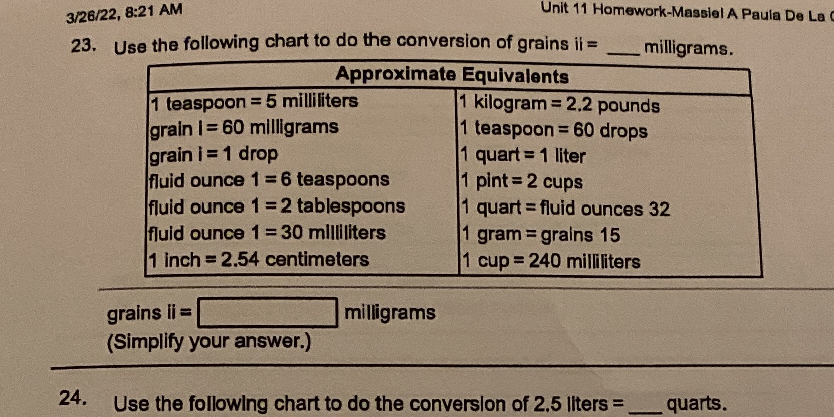 3/26/22, 8:21 AM Unit 11 Homework-Massiel A Paula