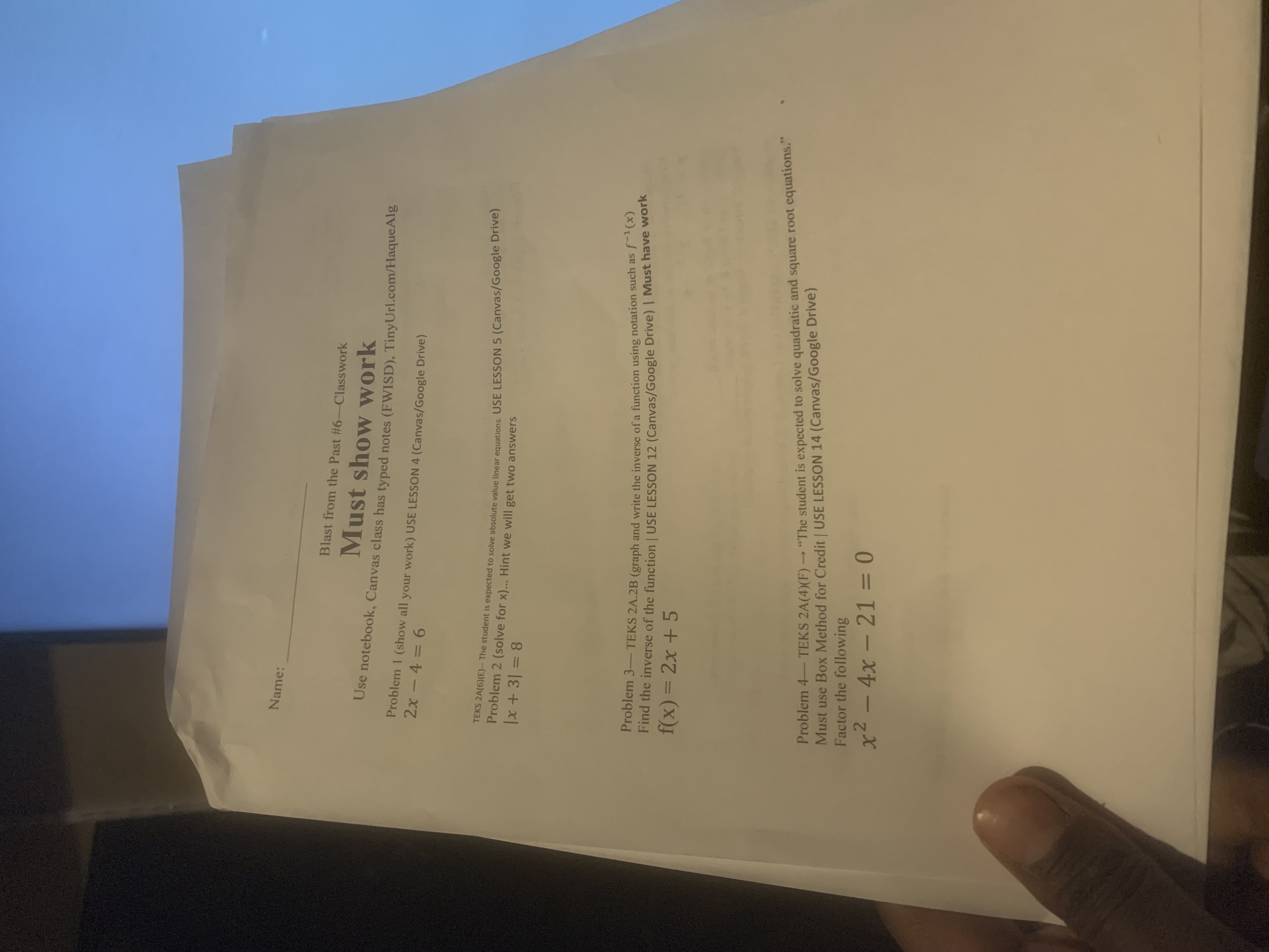 Name: Blast from the Past #6-Classwork Must show