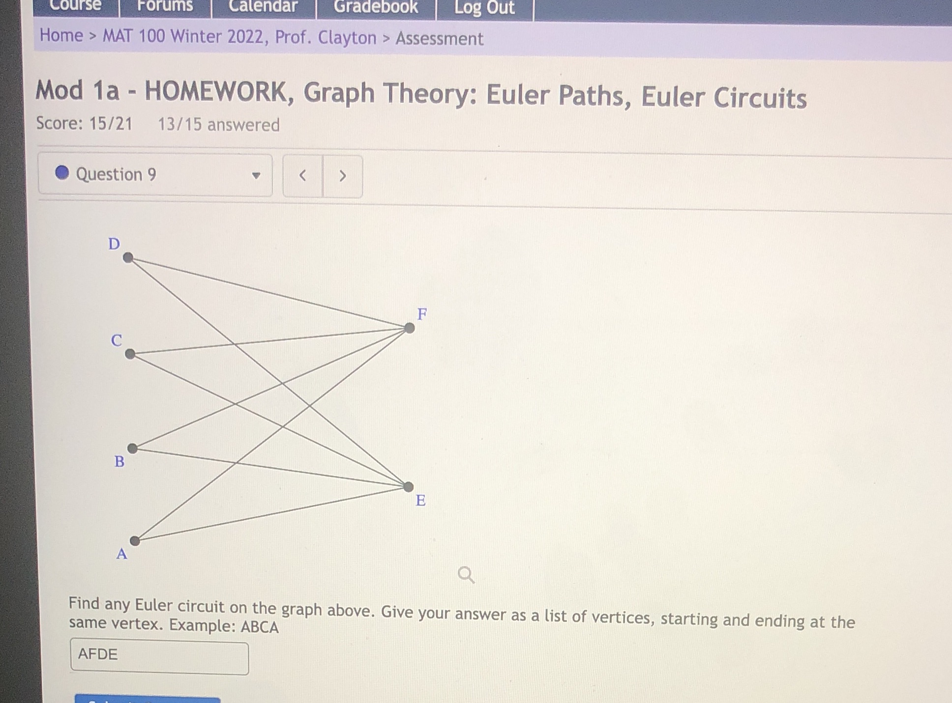 Euler circuit Course Forums Calendar Gradebook