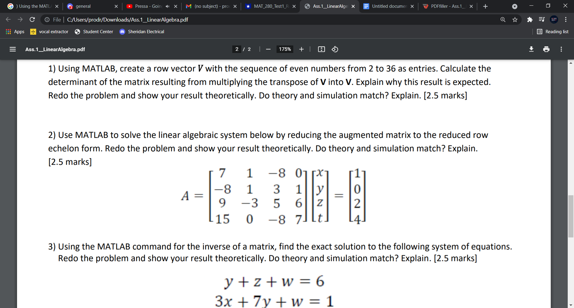 (2) Use MATLAB to solve the linear algebraic