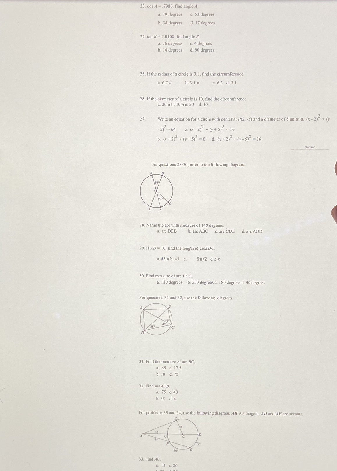 23-33 please and thank you 23. cos A = .7986,