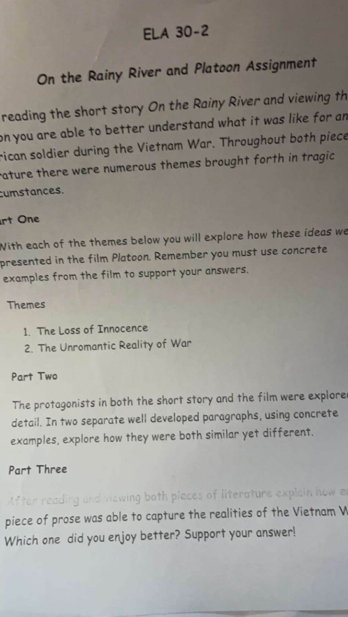 Answer this please ELA 30-2 On the Rainy River