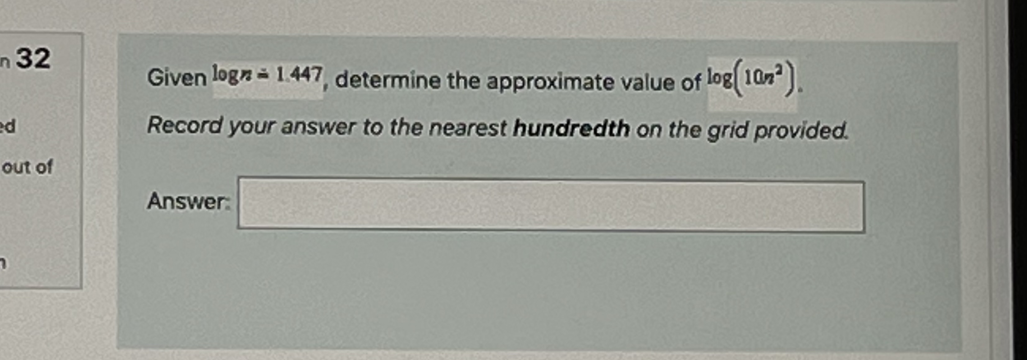 n 32 Given logn = 1.447, determine the