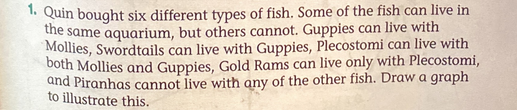 1. Quin bought six different types of fish. Some