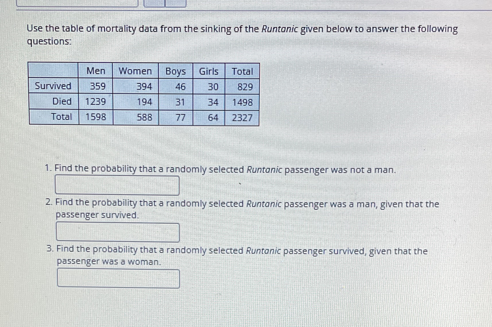Use the table of mortality data from the sinking