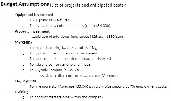 Budget Assumptions (List of projects and