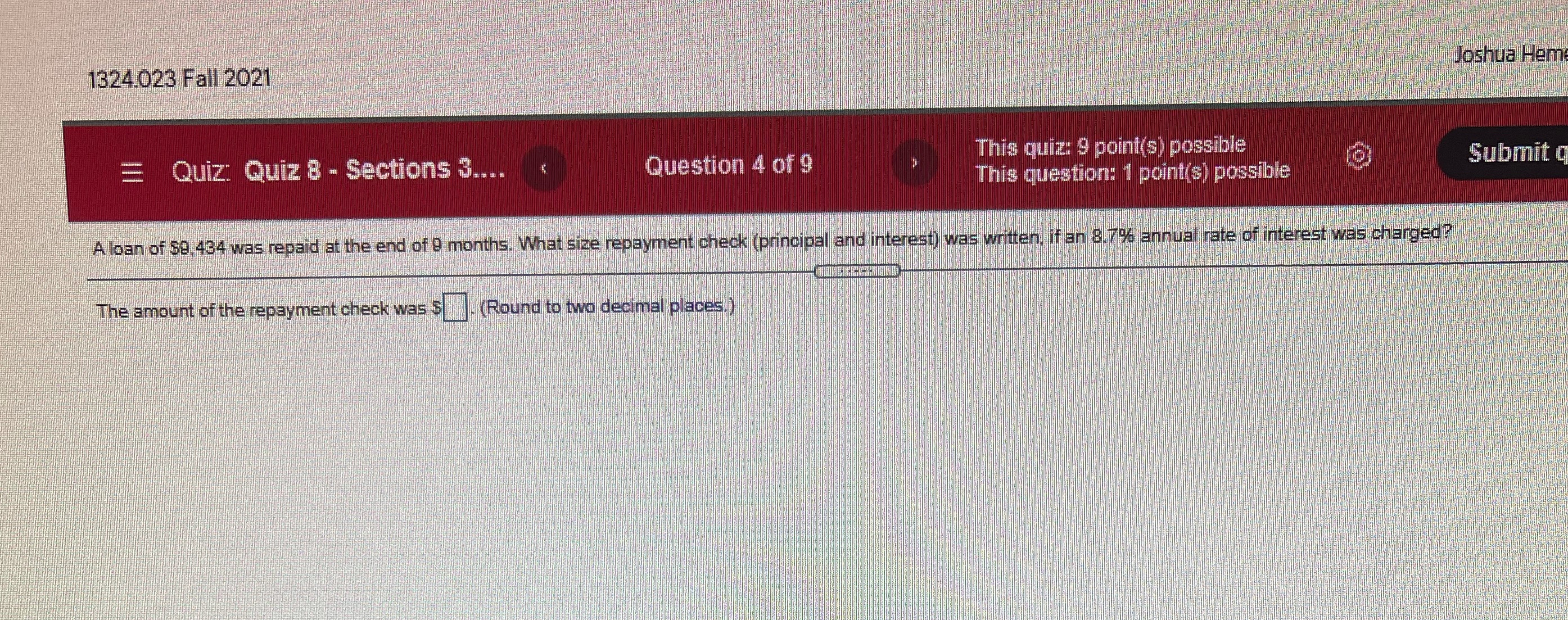 1324.023 Fall 2021 Joshua Hem = Quiz: Quiz 8 -