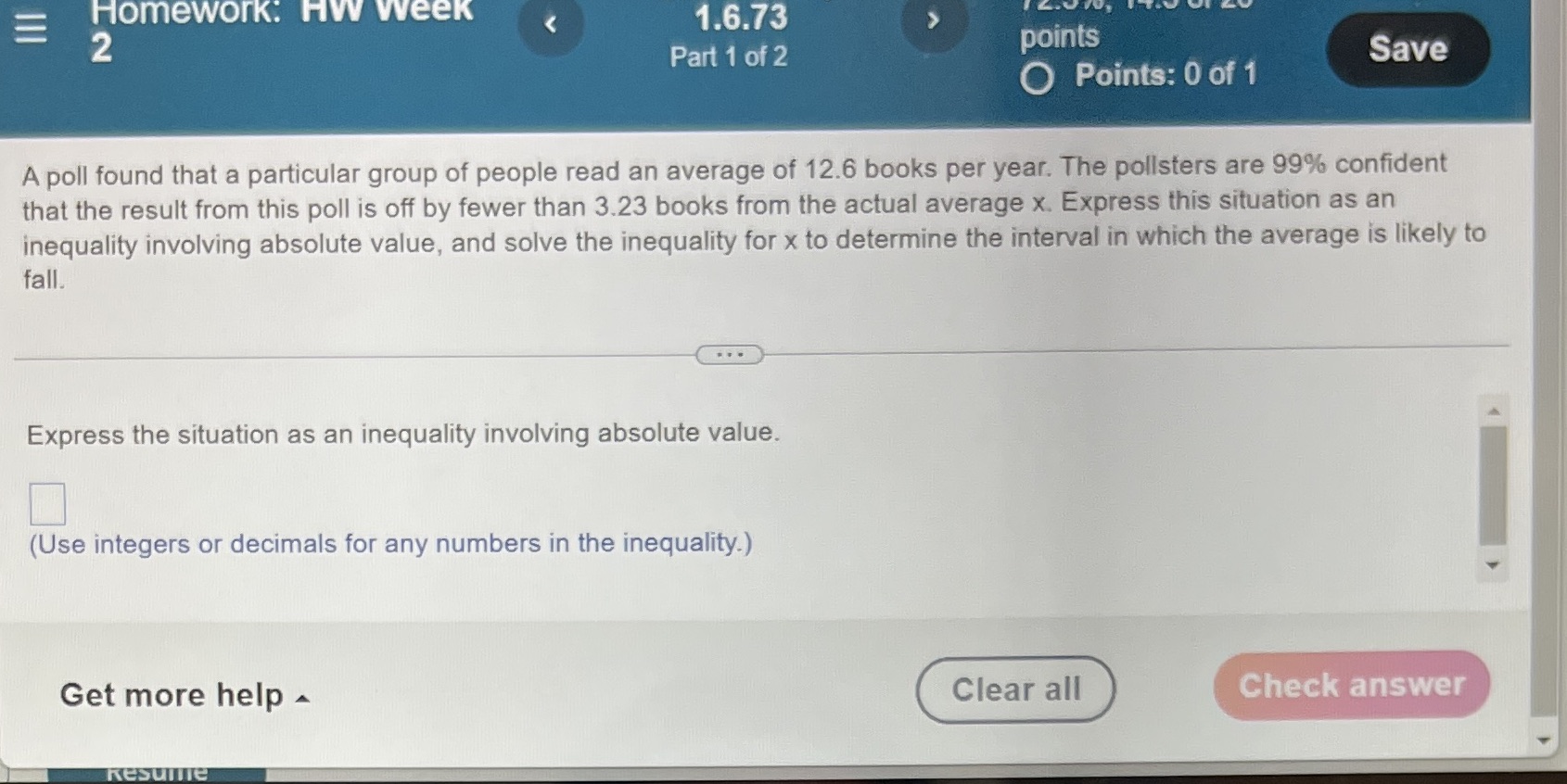 Homework: HW week 1.6.73 2 Part 1 of 2 points