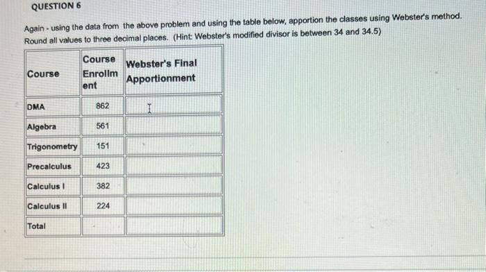 QUESTION 6 Again - using the data from the above