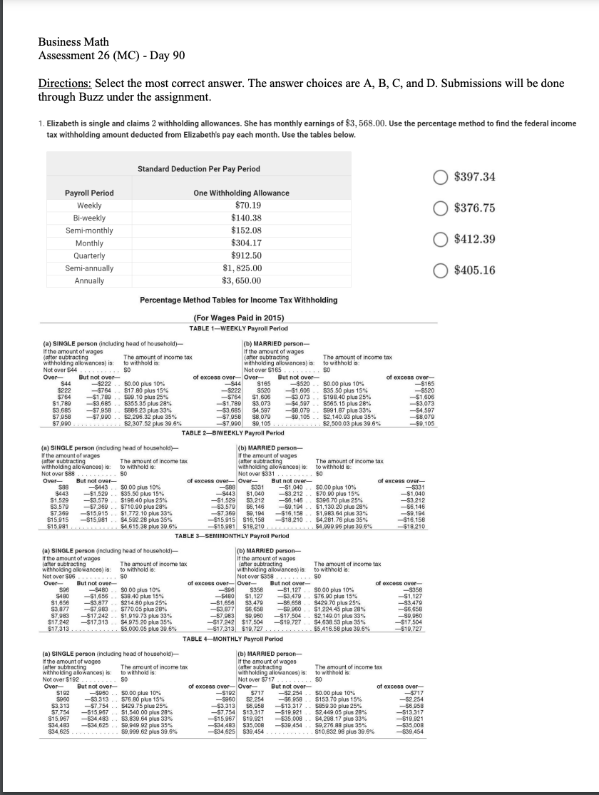 Business Math Assessment 26 (MC) - Day 90