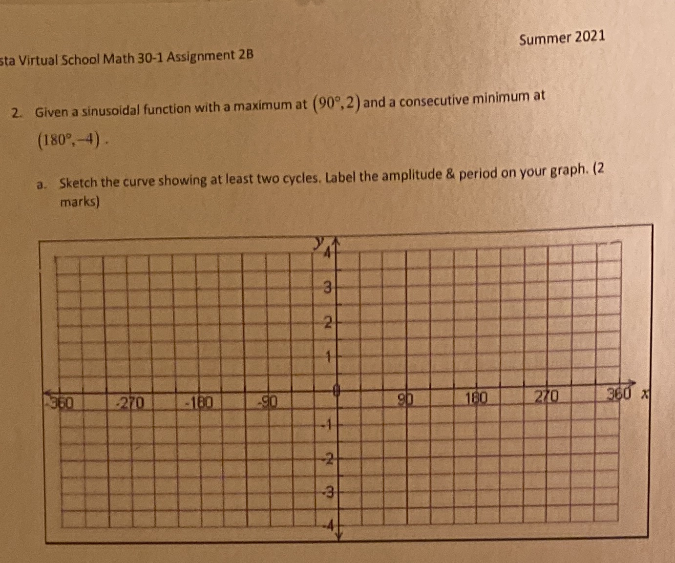 sta Virtual School Math 30-1 Assignment 2B Summer